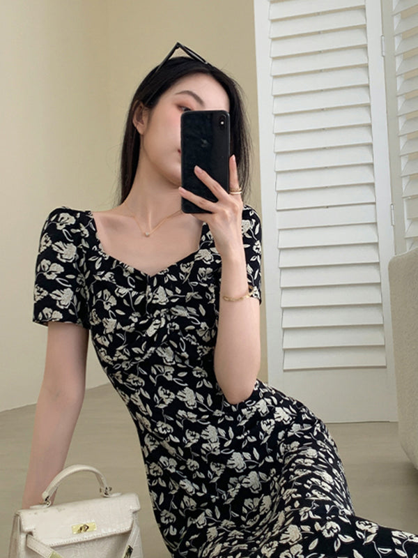 square neck flower tight long dress