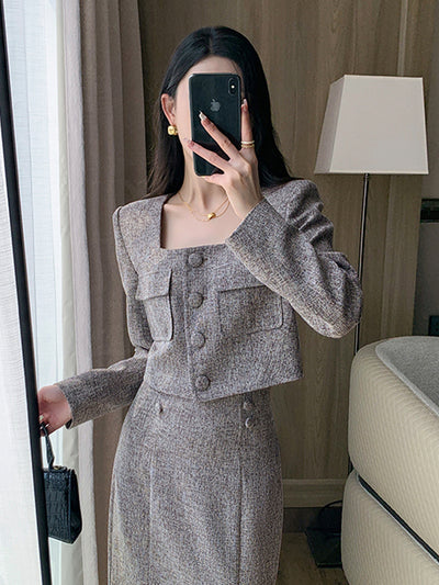 gray brown square collar short French jacket