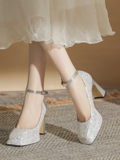 crystal square toe high heel pumps