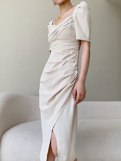 puff sleeve white beige drape slit dress