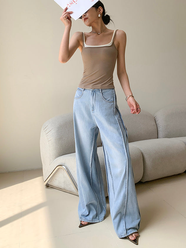 high waist light blue wide cut long denim pants