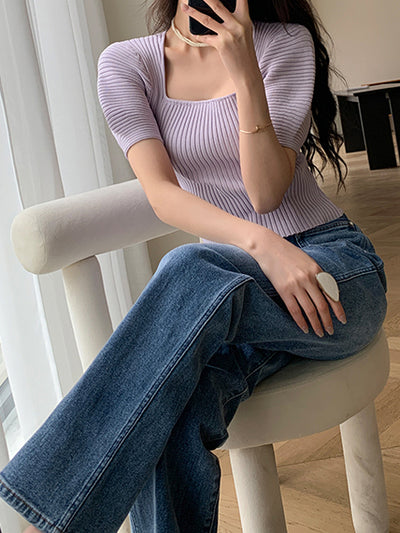 light purple square neck puff sleeve knit tops