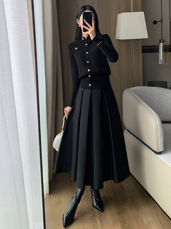 high waist slim pleated black long skirt