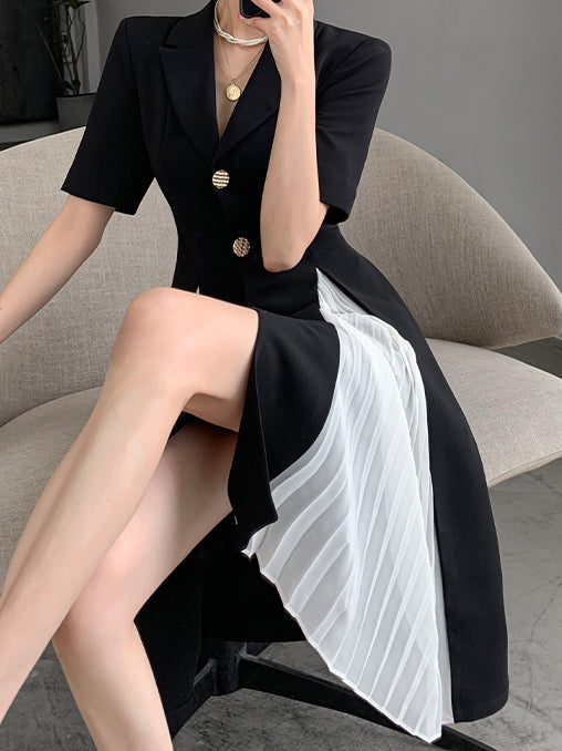 black short sleeve suit style pleats one piece