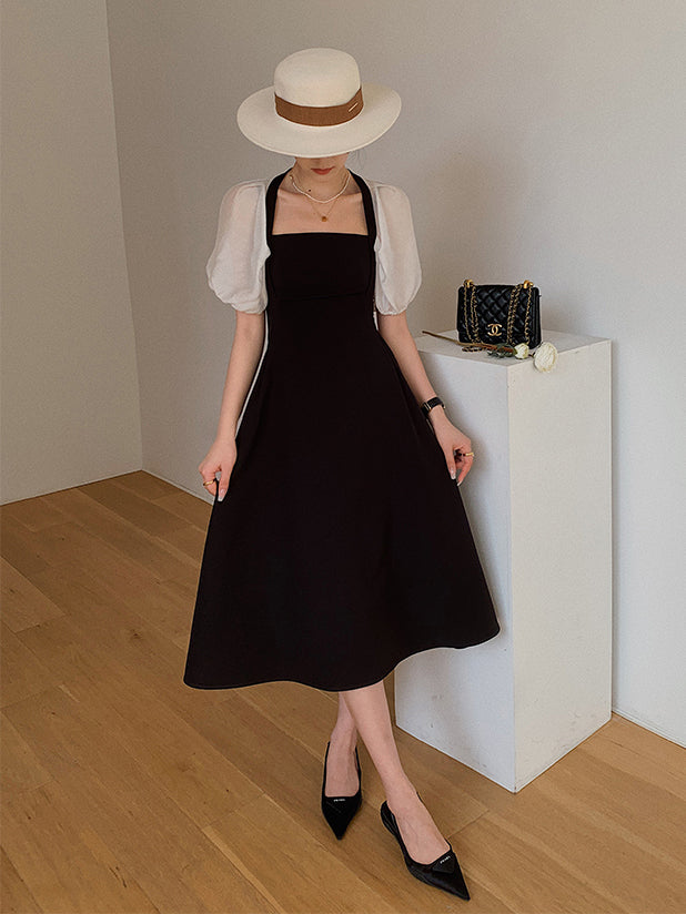 square neck puff sleeve bicolor dress