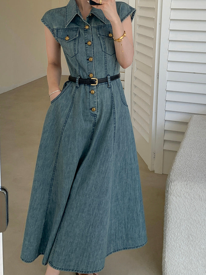 blue denim flare long one piece