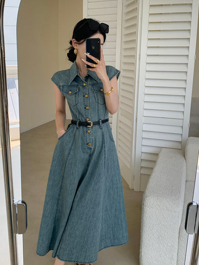 blue denim flare long one piece