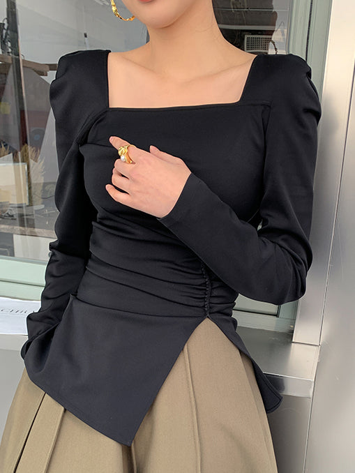 square collar slim slit tops