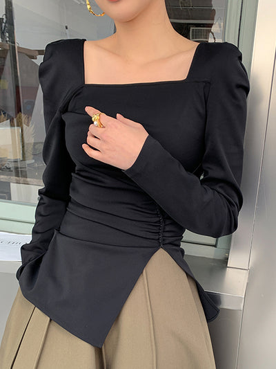 square collar slim slit tops