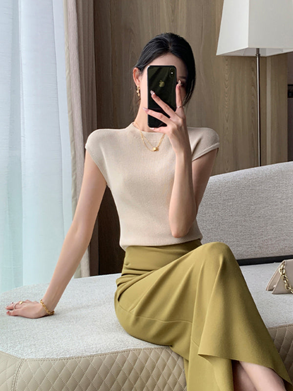 round neck french sleeve slim fit light beige tops