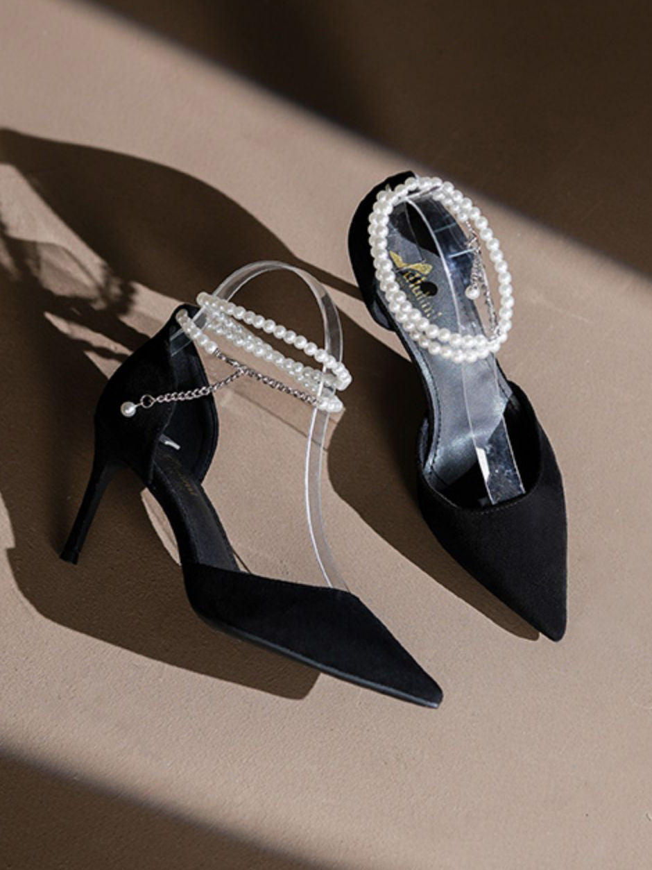 pearl strap stiletto toe black sandals