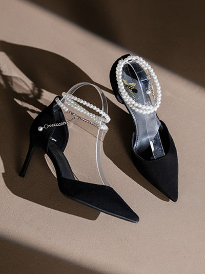 pearl strap stiletto toe black sandals