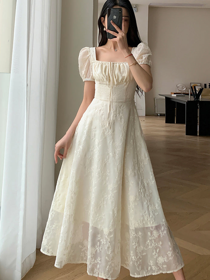 square neck puff sleeve lace long dress