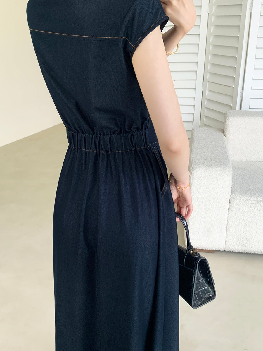 gold button denim long dress