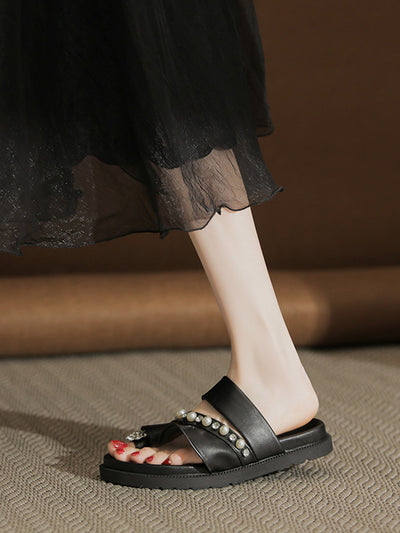 flat ruffle pearl bijou sandals