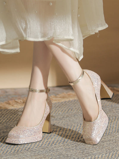 crystal square toe high heel pumps