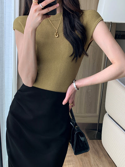 round neck french sleeve slim knit tops