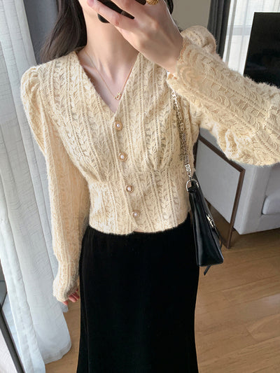 v neck knit short lace cardigan
