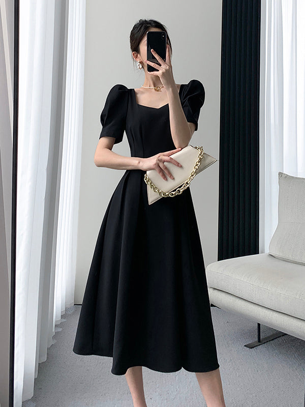 square neck back cross black long dress