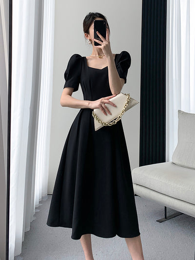 square neck back cross black long dress