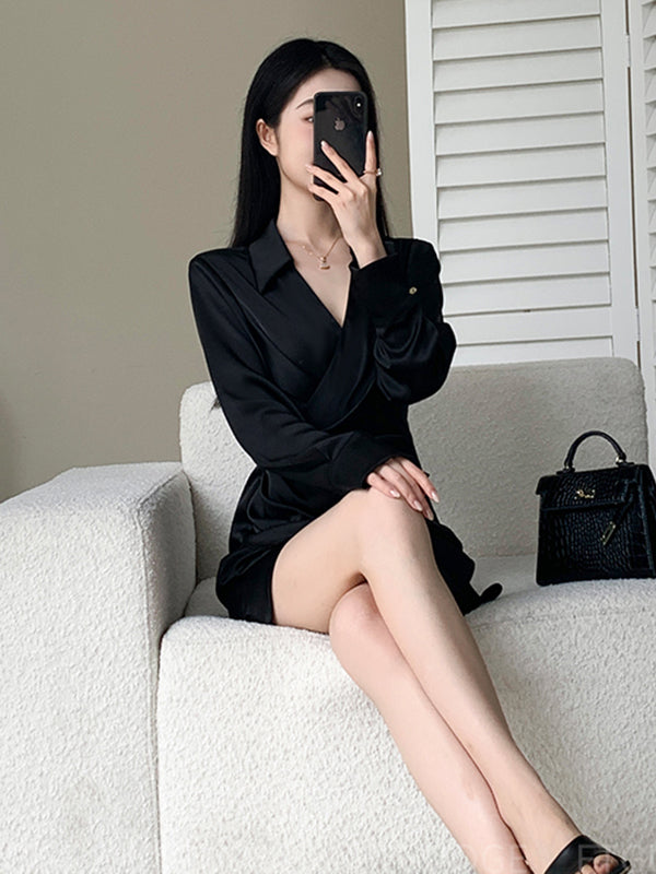 high end waist slim drape shirt dress