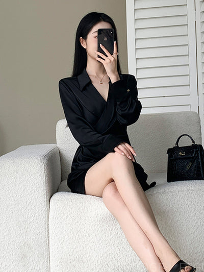 high end waist slim drape shirt dress