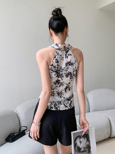 sleeveless v neck flower print tops