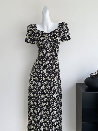 square neck flower tight long dress