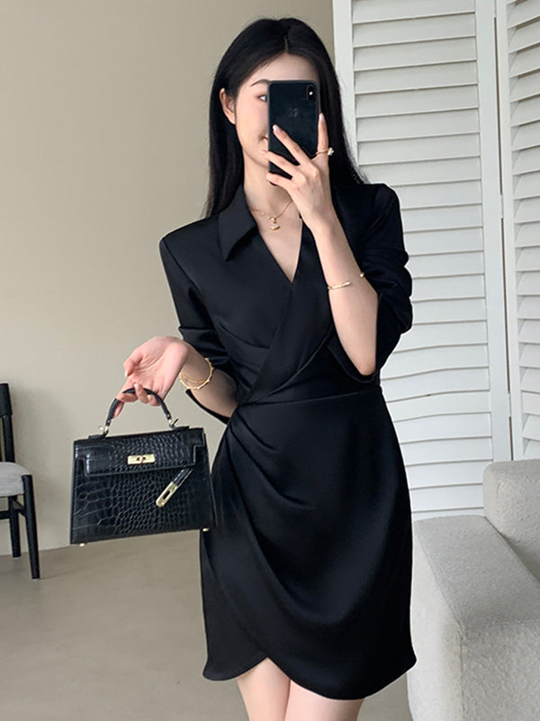 high end waist slim drape shirt dress