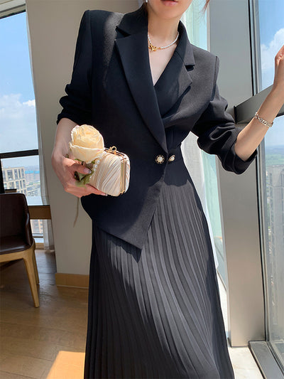black suit style pleats skirt one piece