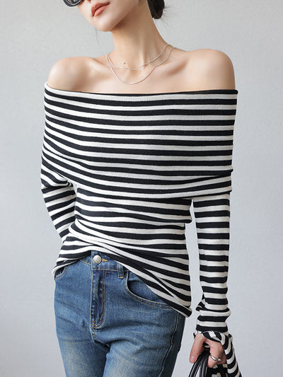 stripe off shoulder long sleeve slim fit tops
