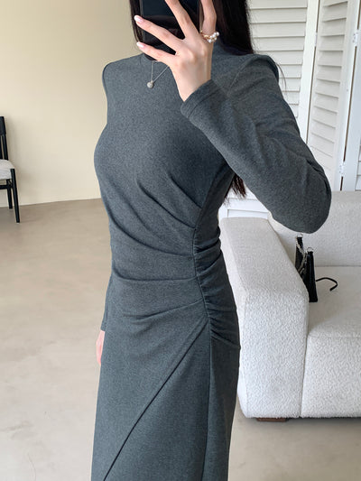 gray long sleeve slit long dress