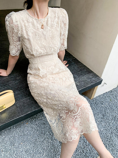 puff sleeve lace tight one piece