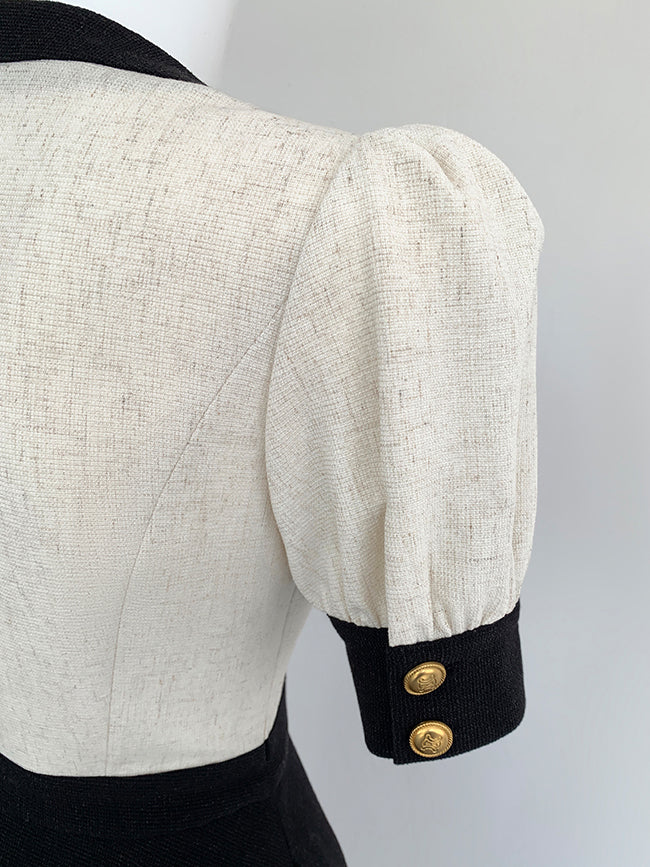 v neck bicolor gold button long one piece