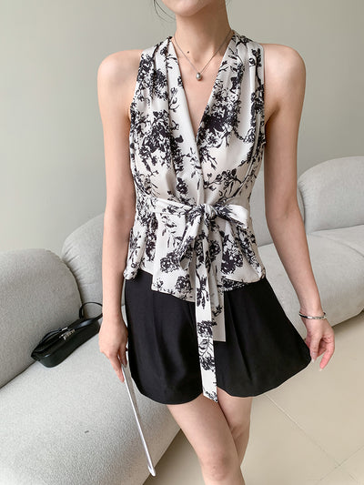 sleeveless v neck flower print tops