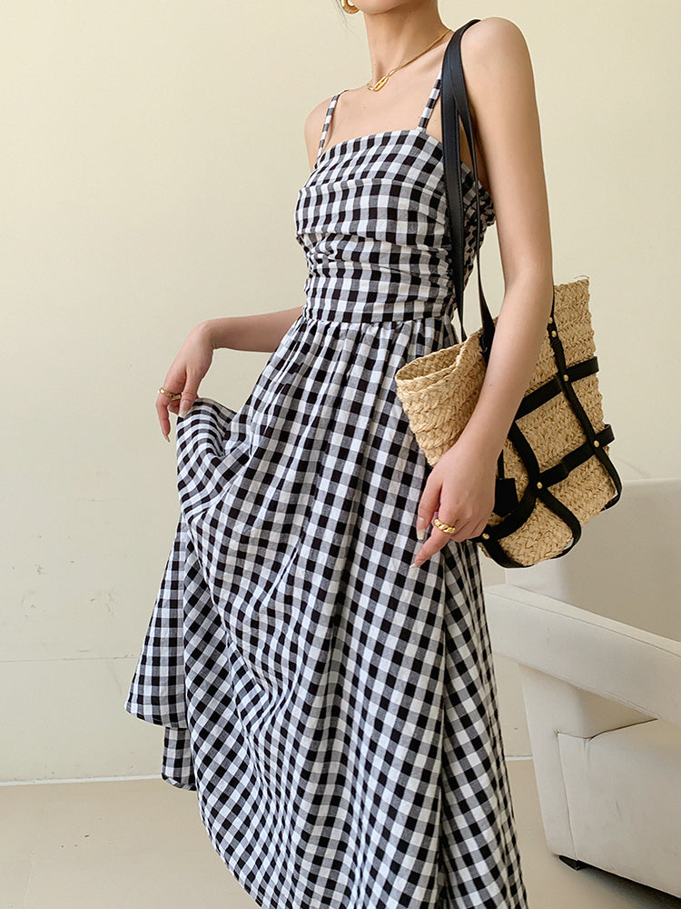 black plaid tube top a line long dress