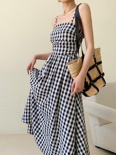 black plaid tube top a line long dress