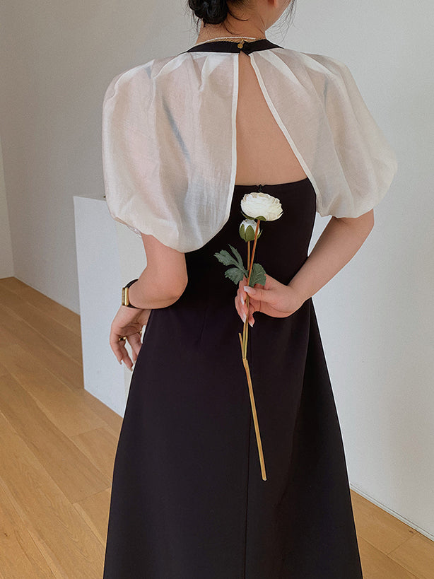 square neck puff sleeve bicolor dress