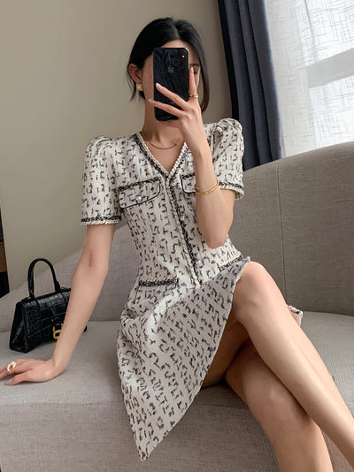 v neck button tweed check short one piece