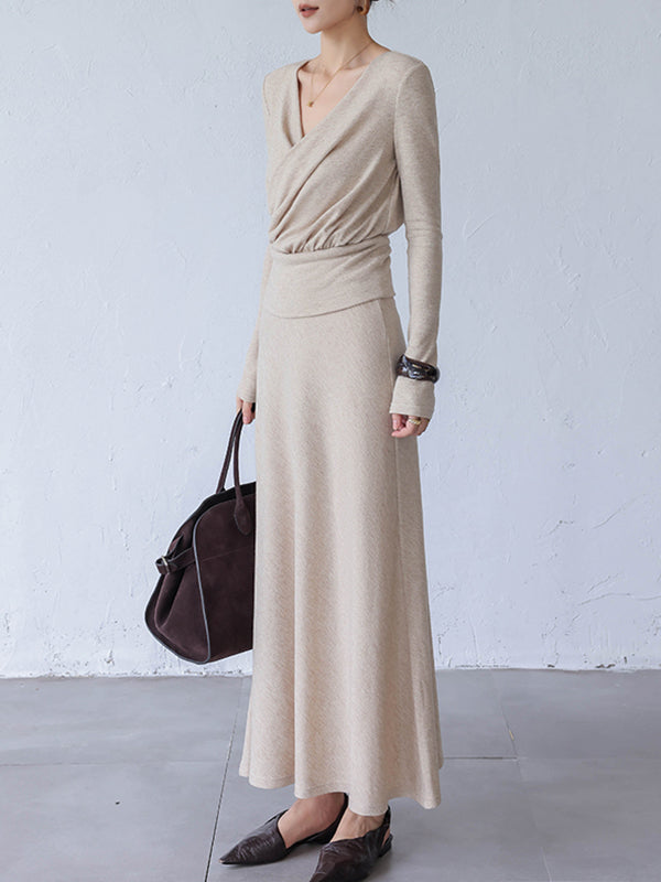 v neck tops long skirt 2 piece set