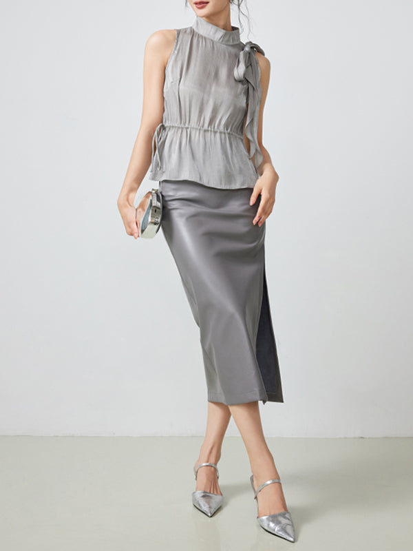 high neck sleeveless ribbon tops