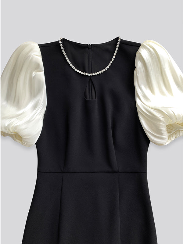puff sleeve bijou neck bicolor slit dress
