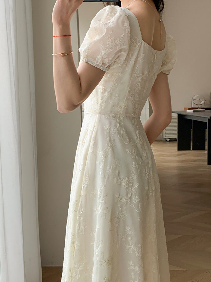 square neck puff sleeve lace long dress