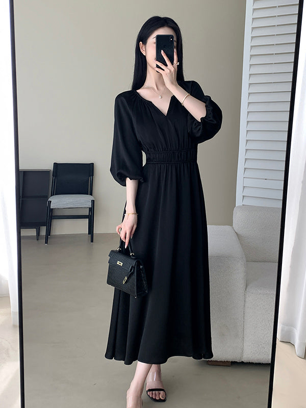 v neck three quarter sleeve black long dress