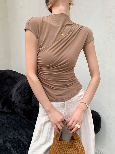 high neck slim fit side gather beige tops