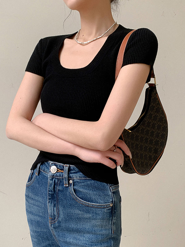 u neck short sleeve knit tops