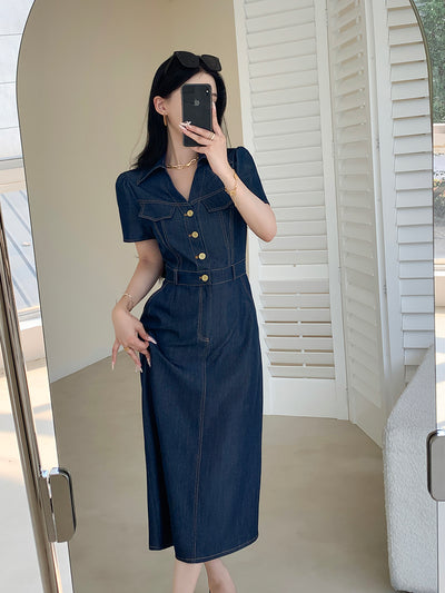 dark blue denim tight long one piece
