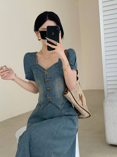 puff sleeve blue denim flared long dress