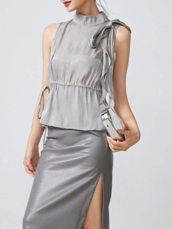 high neck sleeveless ribbon tops