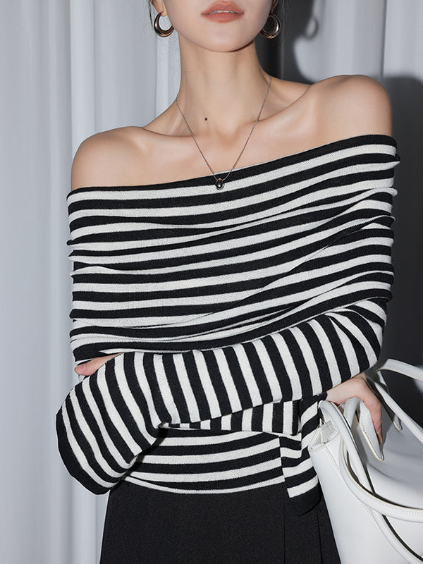 stripe off shoulder long sleeve slim fit tops